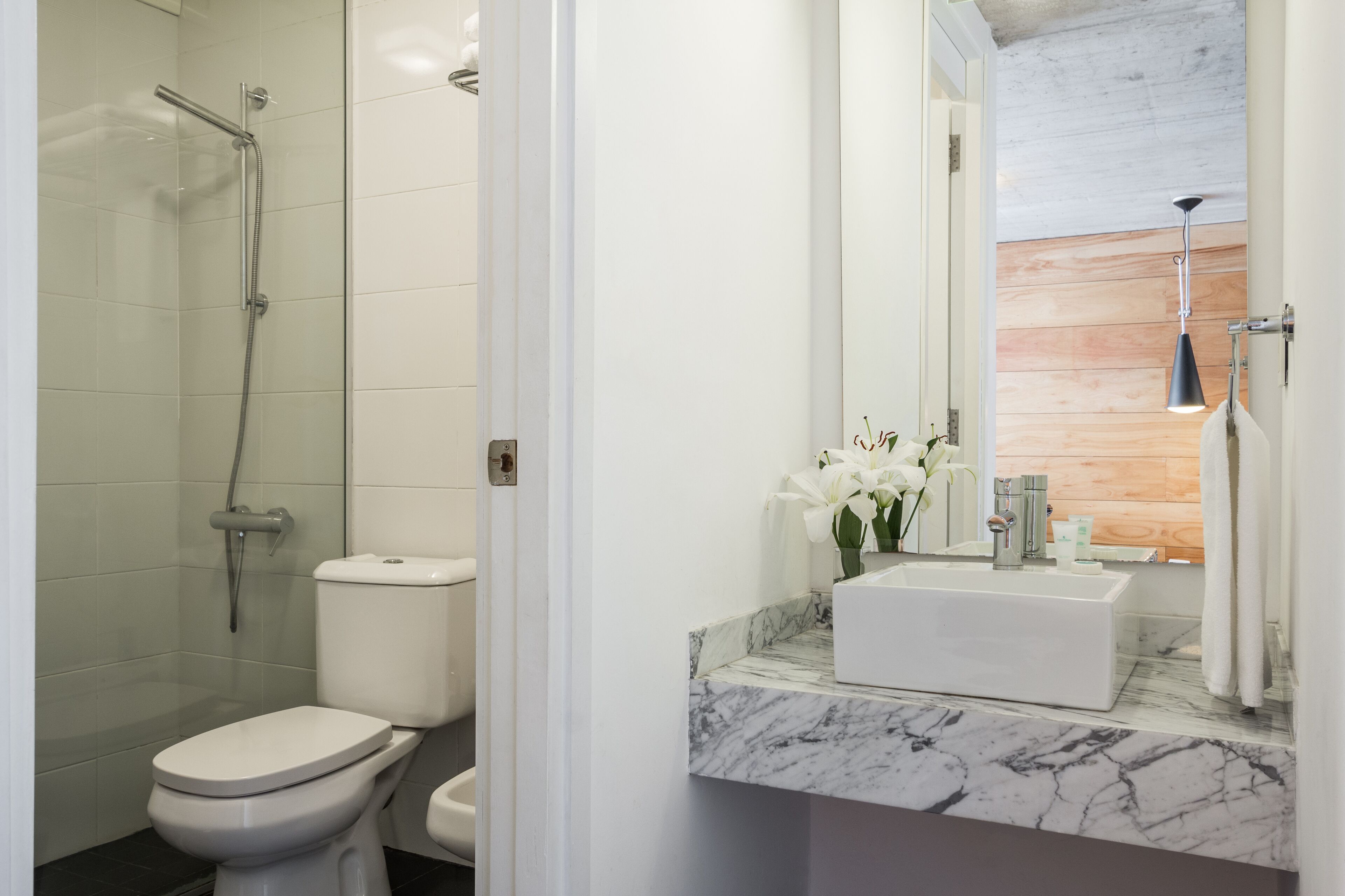 shower, rainfall showerhead, designer toiletries, hair dryer