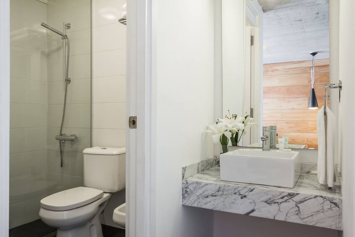 shower, rainfall showerhead, designer toiletries, hair dryer