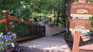 A wooden deck with a sign indicating it is a private area for staff only. - Alaska Adventure Unlimited Chalets (Wasilla)
