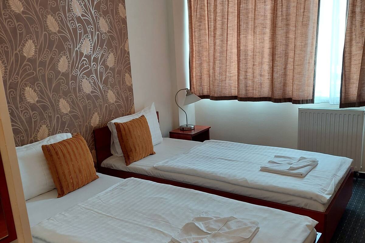 Una habitación de hotel con dos camas, una ventana con cortinas, un radiador y un papel tapiz estampado.