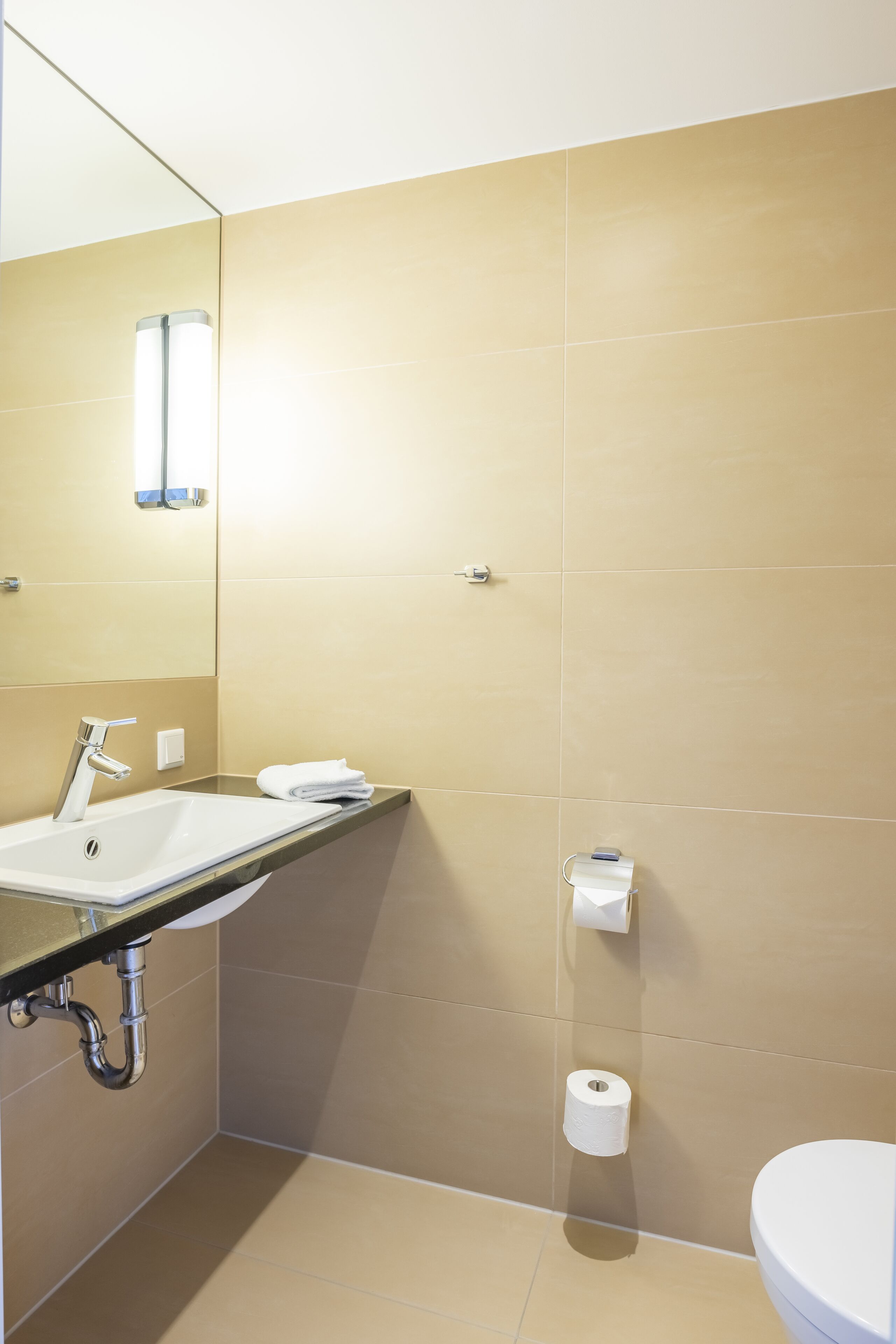Ein modernes Badezimmer mit Waschbecken, Toilette und Spiegel.