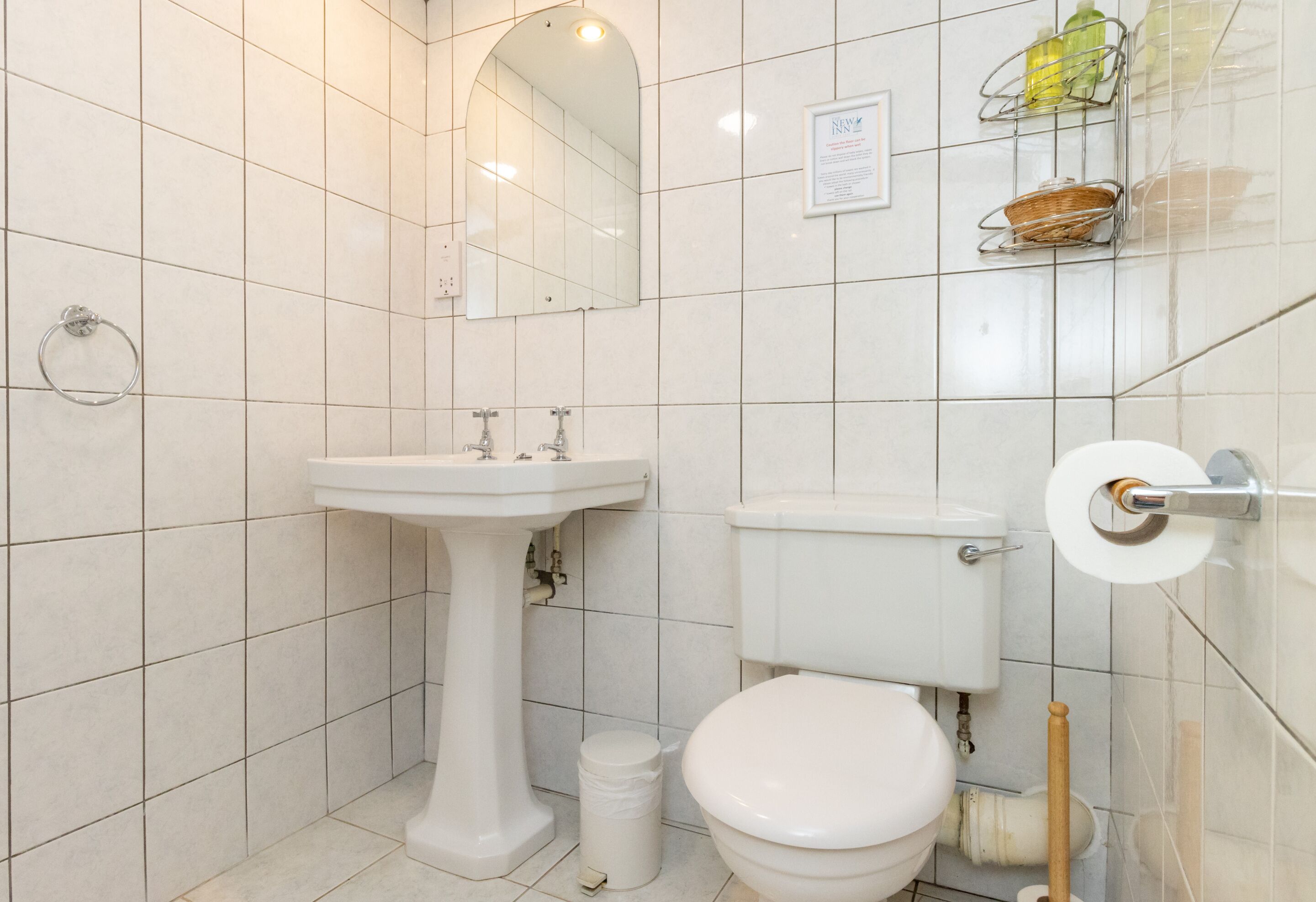 A bathroom with a pedestal sink, toilet, and a mirror. There is a trash bin and a toilet paper holder on the wall.