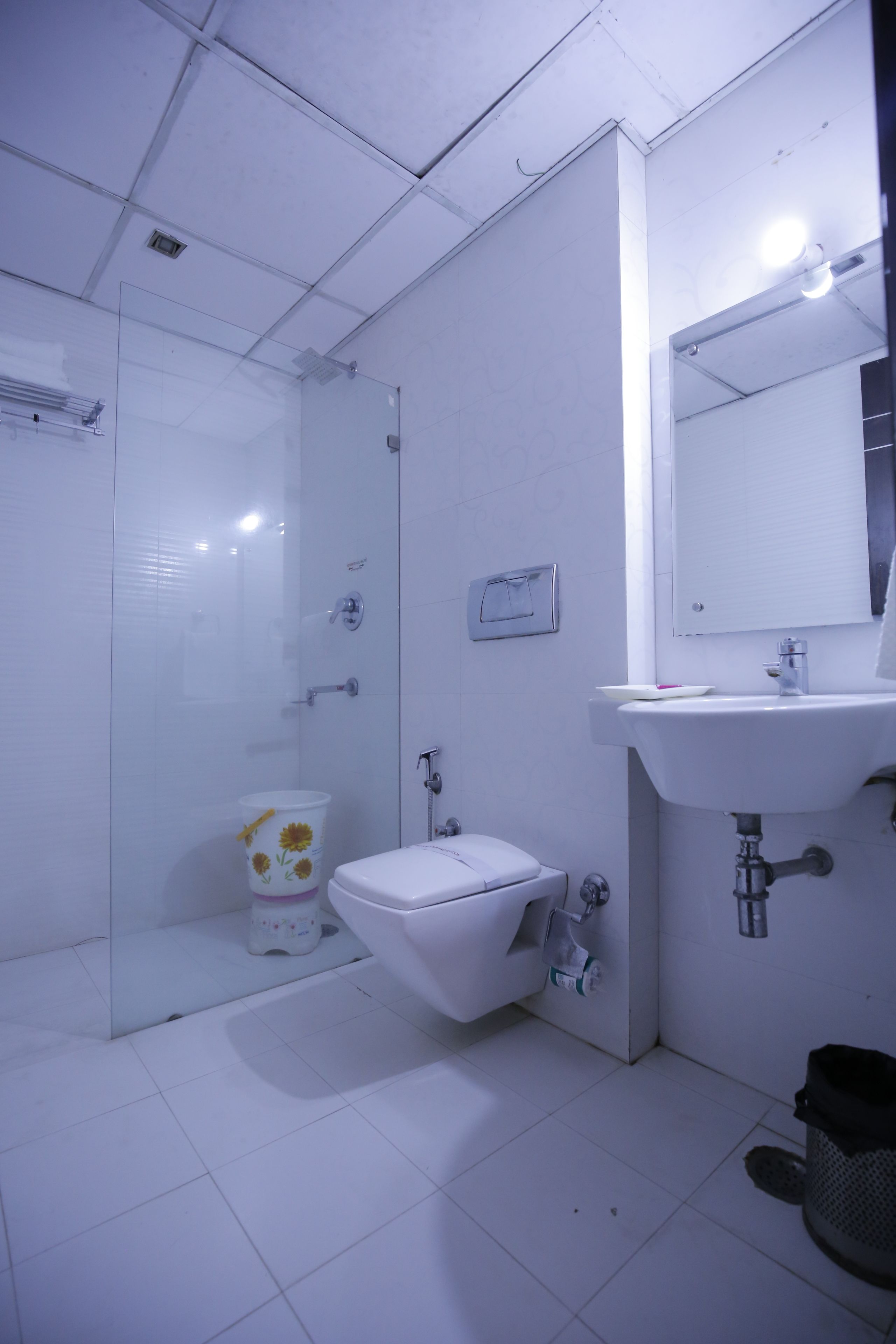 Une salle de bain avec une douche à parois de verre, des toilettes, un lavabo et un miroir.