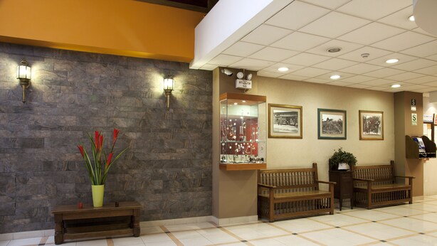 A lobby with a stone wall, a bench, a potted plant, and framed pictures on the wall. - Hotel Kamana (Lima)