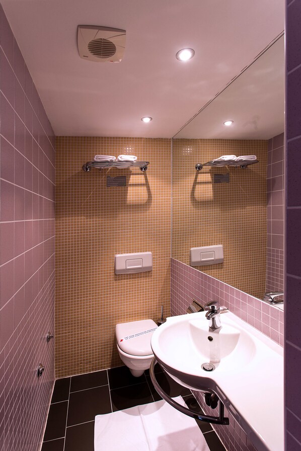 A bathroom with a toilet, sink, and towel rack.