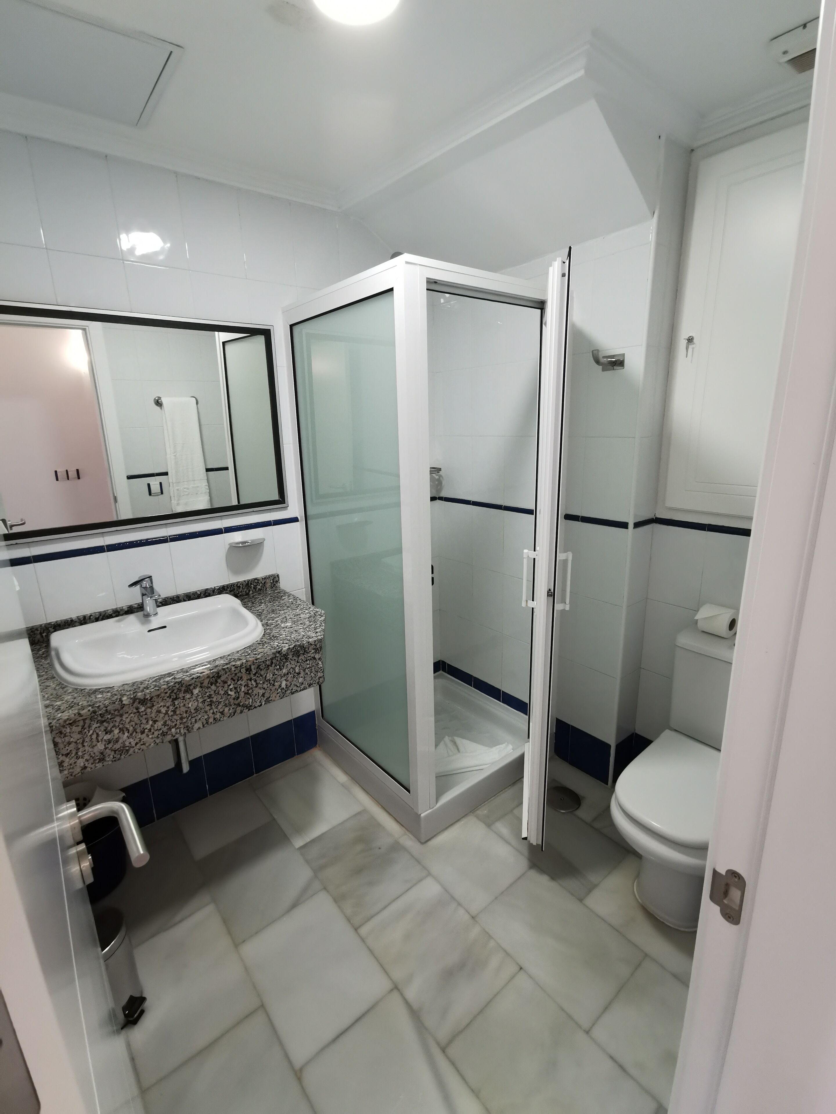 A modern bathroom with a sink, mirror, and glass-enclosed shower.