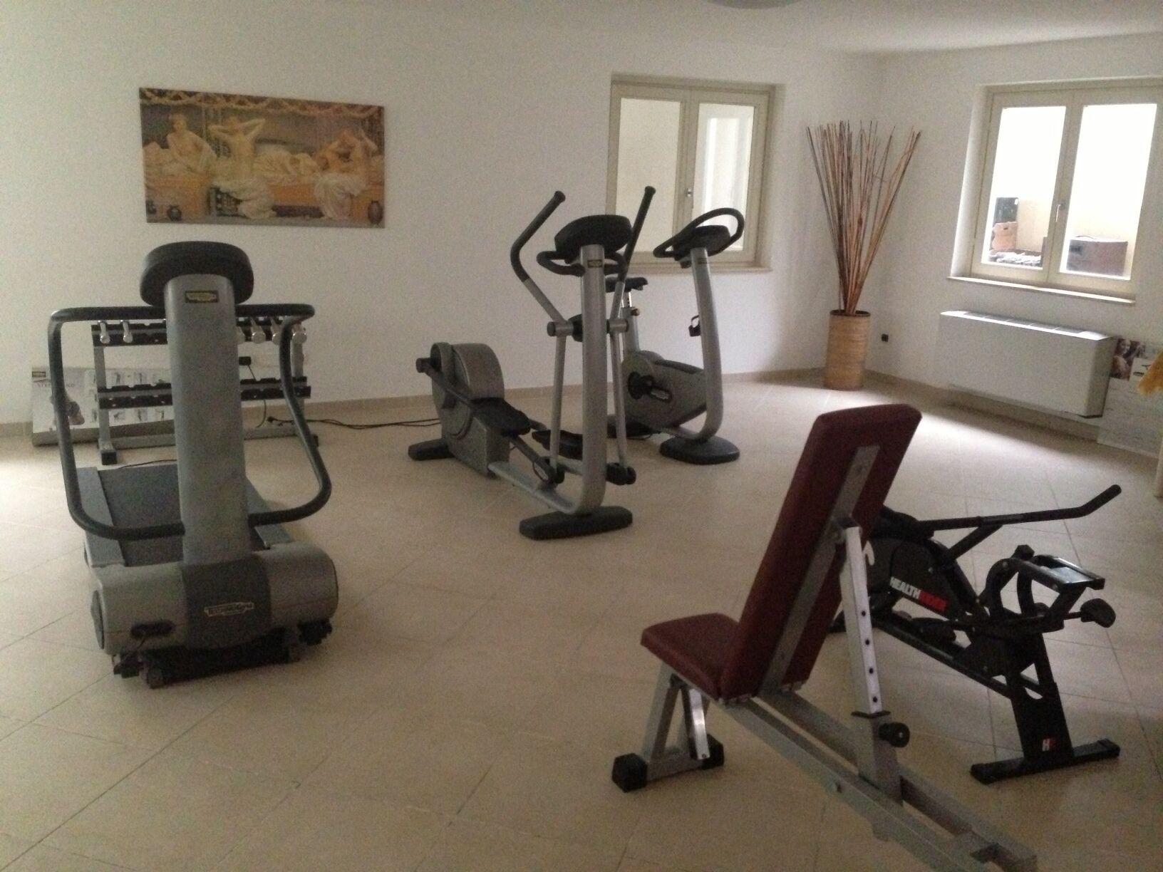 A gym with various exercise machines, a painting on the wall, and a window with natural light.