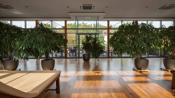 Un amplio espacio interior con ventanas grandes, suelo de madera y varias plantas en macetas.