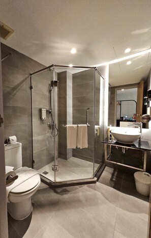 Douche, séchoir à cheveux, pantoufles, serviettes fournies