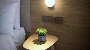 A neatly made bed with white linens, a small wooden nightstand with a potted succulent, and a wall-mounted light fixture.