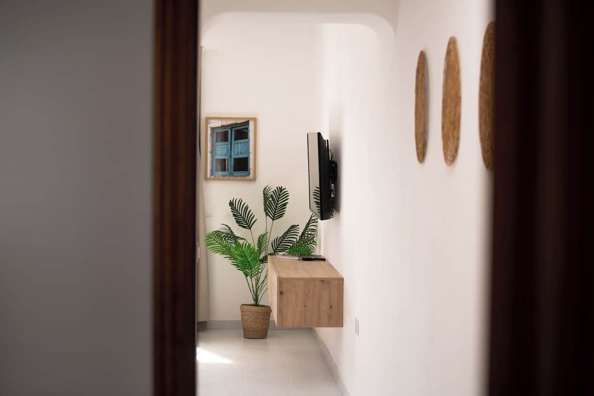 Un pasillo con un armario de madera, una planta en maceta y un cuadro en la pared.