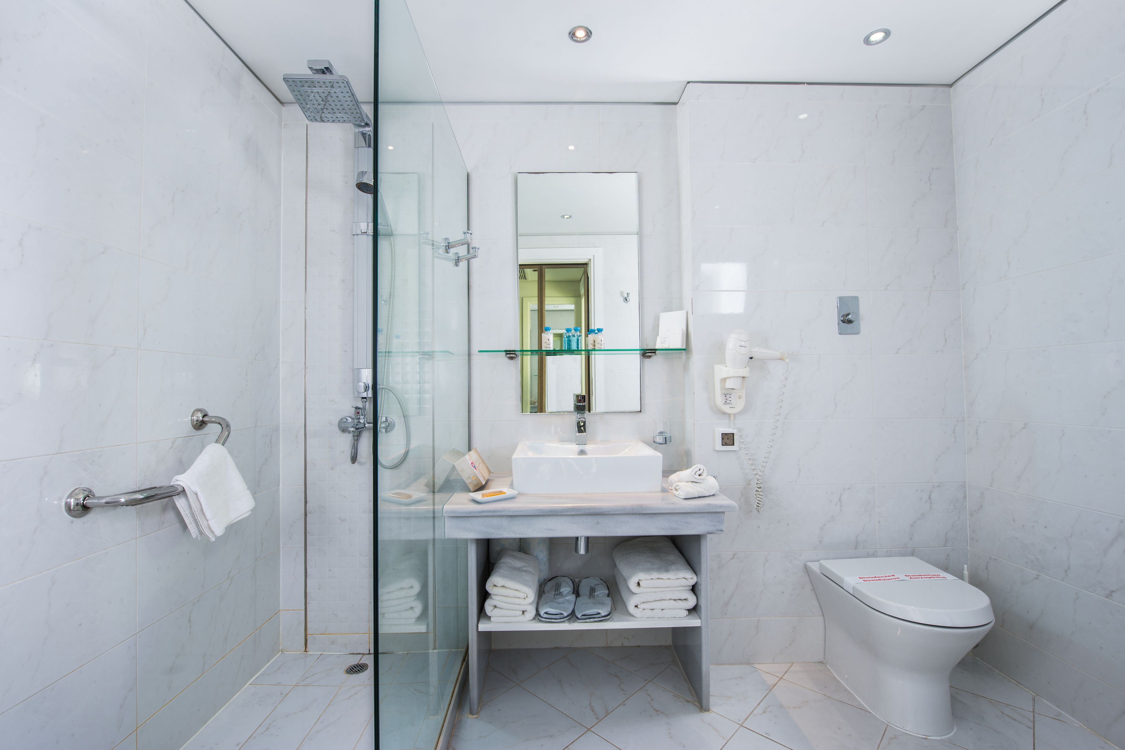 A modern bathroom with a glass shower enclosure, a sink with a mirror above, and a toilet.