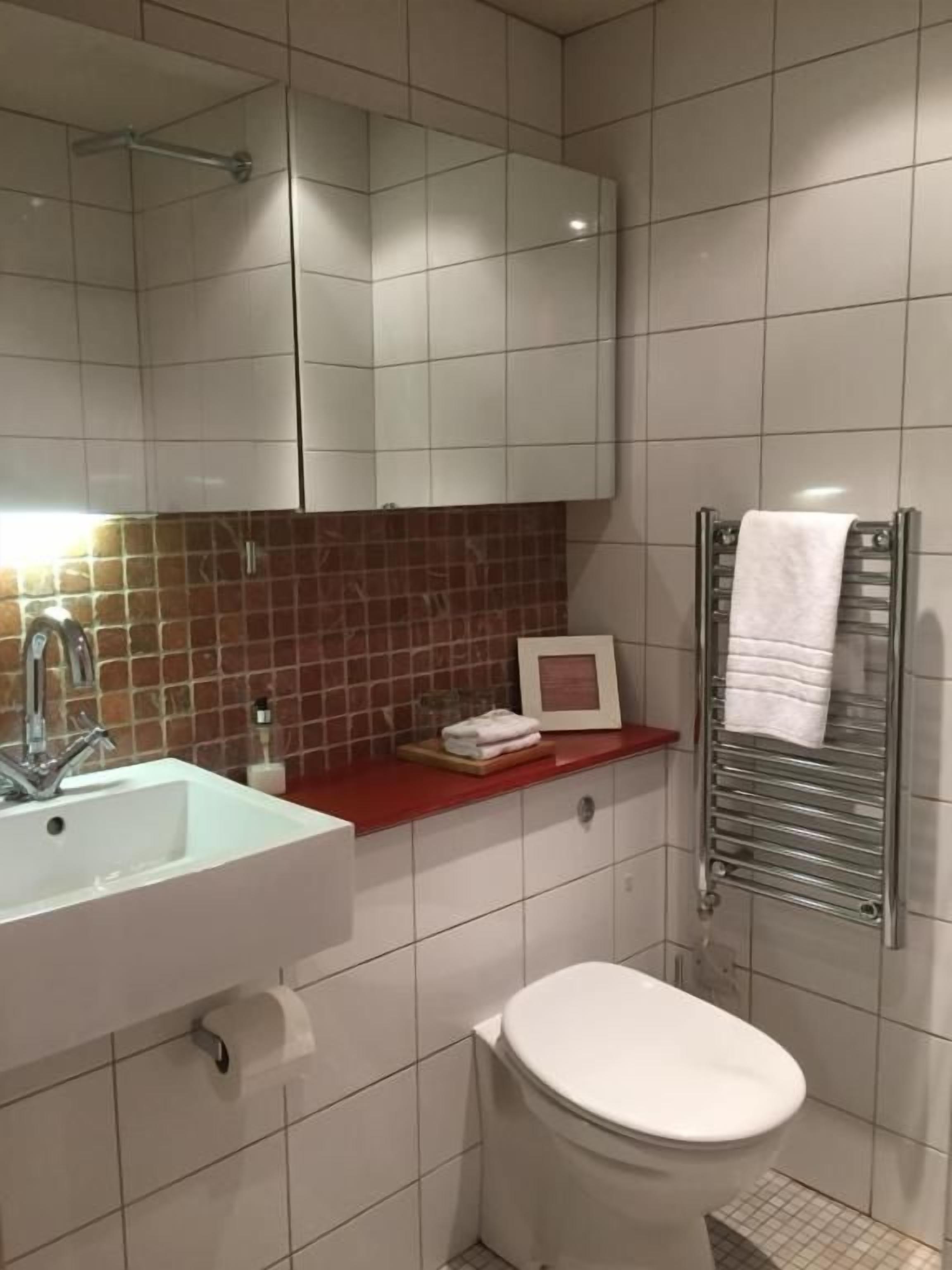 A bathroom with a white sink, a toilet, a mirror, and a towel rack.