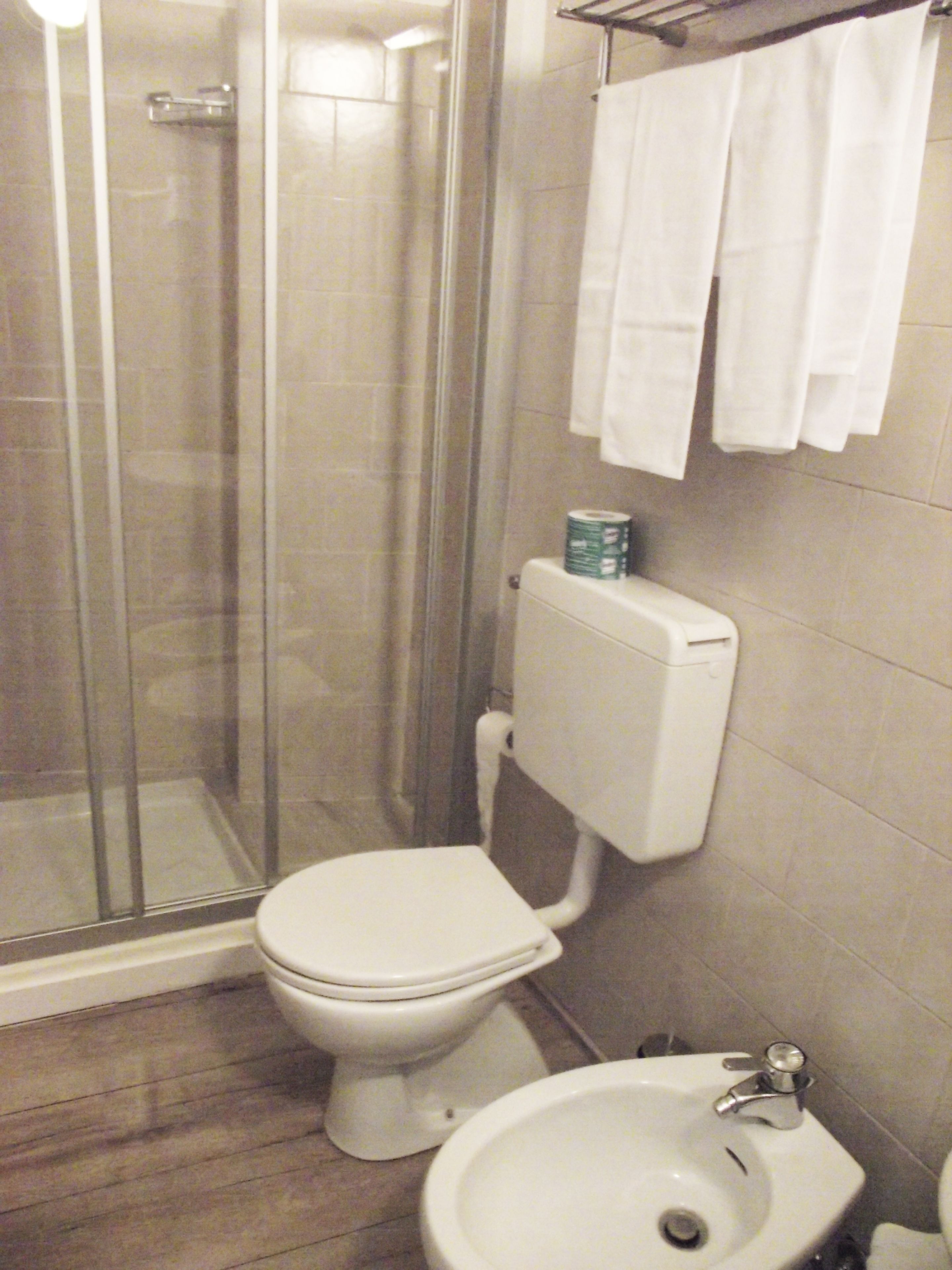 Un baño con inodoro, bidé y ducha.