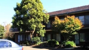 A two-story building with a flat roof and a large tree in front.