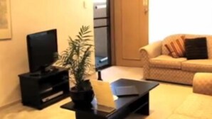 A living room with a flat-screen TV on a stand, a potted plant, and a sofa with cushions.