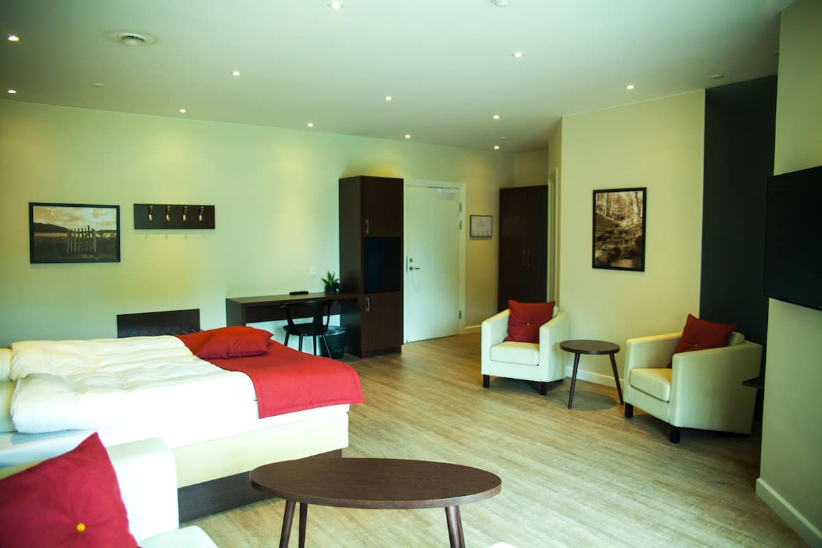 A modern hotel room with a bed, two armchairs, a small table, and a desk.