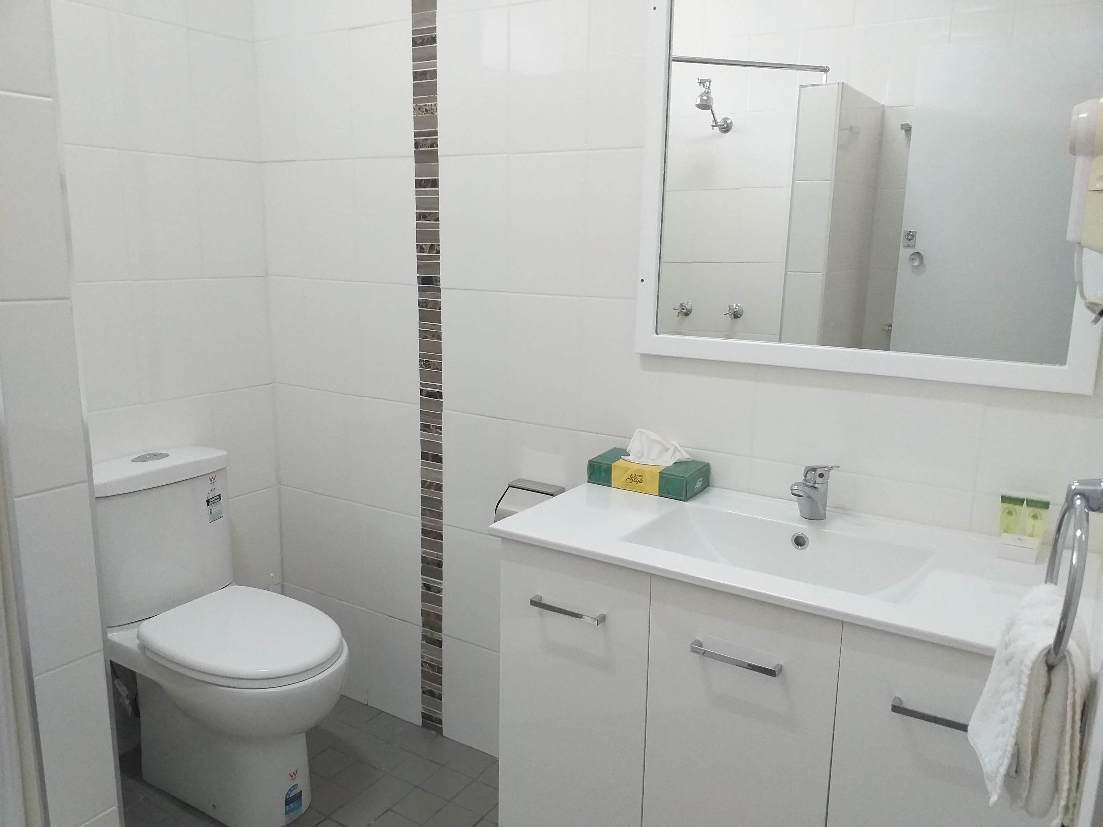 Uma casa de banho com sanita, lavatório, espelho e suporte para toalhas.