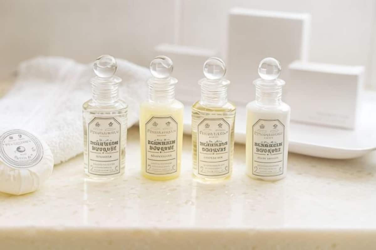 Four bottles of liquid soap on a white countertop.