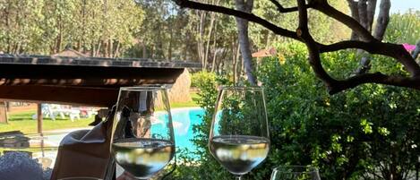 A table set outdoors with three wine glasses and cutlery, overlooking a pool and greenery.