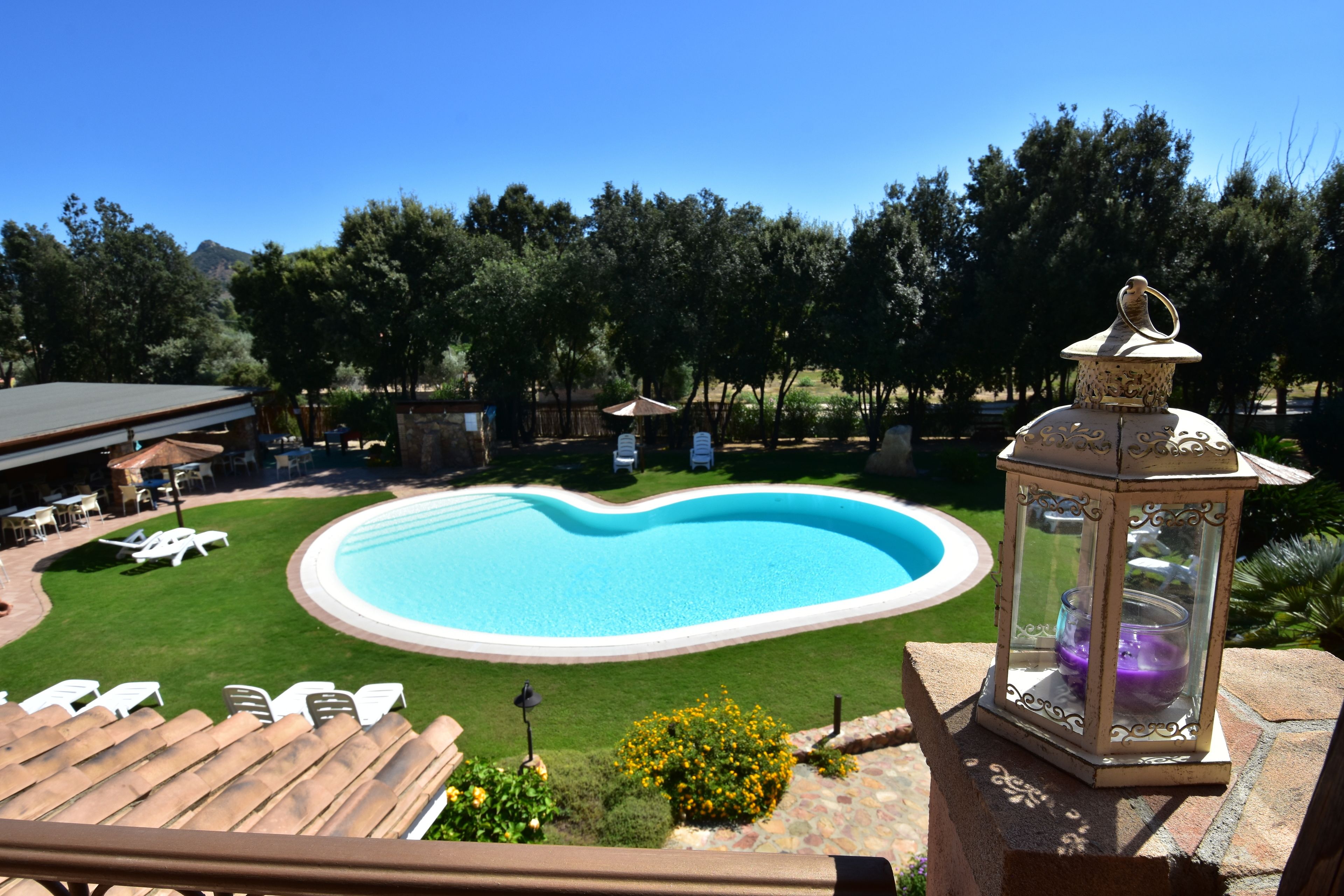 A swimming pool with a heart-shaped design, surrounded by a well-maintained lawn and trees.