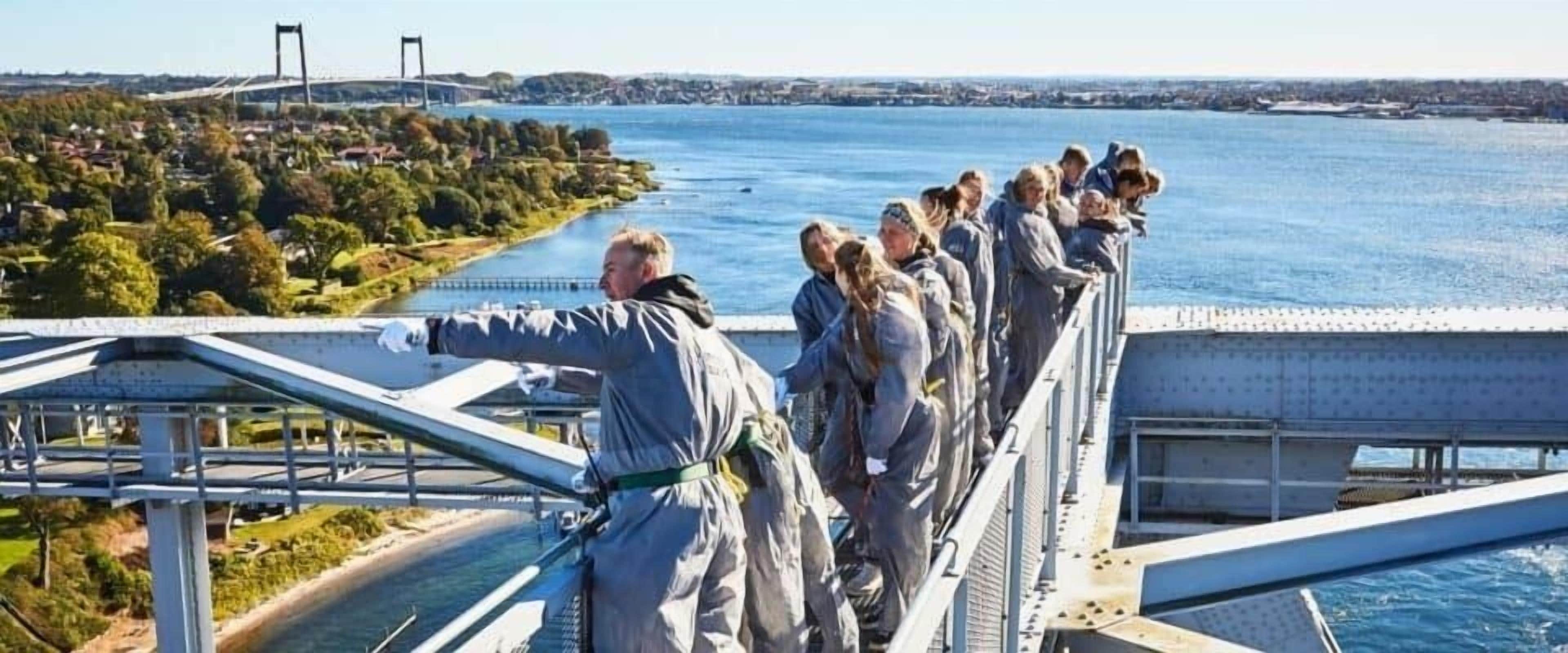 A group of people standing on a bridge with a view of a body of water and a bridge in the background.