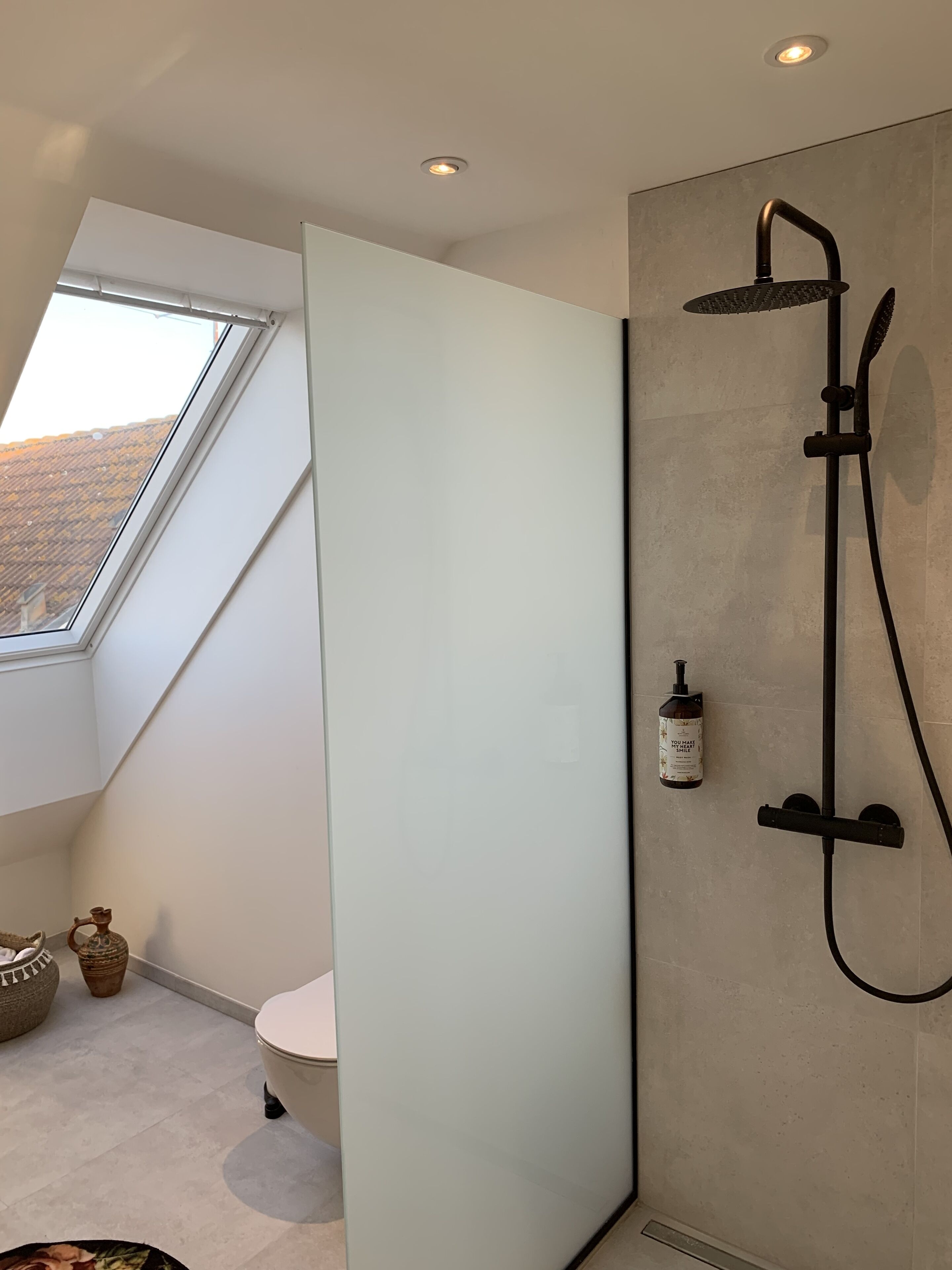 Ein modernes Badezimmer mit Oberlicht, einer Dusche und einem WC.