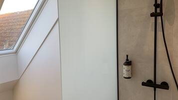 Ein modernes Badezimmer mit Oberlicht, einer Dusche und einem WC.