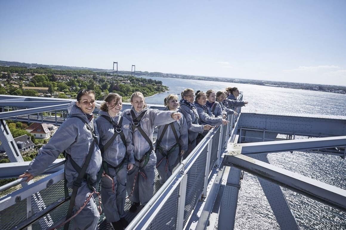 A group of people on a bridge with safety harnesses, overlooking a body of water and a distant bridge structure.