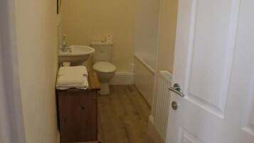 A narrow hallway leading to a bathroom with a toilet, sink, and a small cabinet.