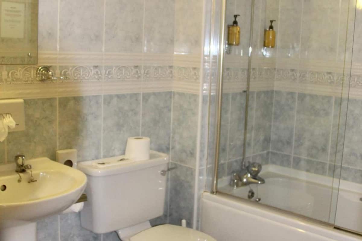 combined shower/bathtub, free toiletries, towels