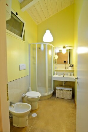 Un baño pequeño con cabina de ducha, inodoro y bidé.