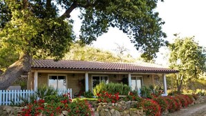 Een huis met een pannendak, een veranda met kolommen en een stenen muur met rode bloemen.