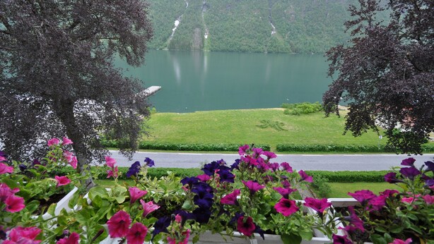 A view of a lake with a road in the foreground and trees on the left. - Hotel Mundal (Sogndal)