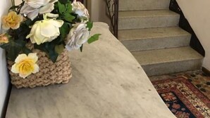 Un escalier avec une rampe et un palier recouvert de moquette.