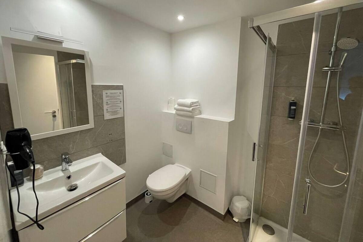 A modern bathroom with a sink, toilet, and glass-enclosed shower.