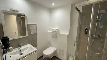 A modern bathroom with a sink, toilet, and glass-enclosed shower.