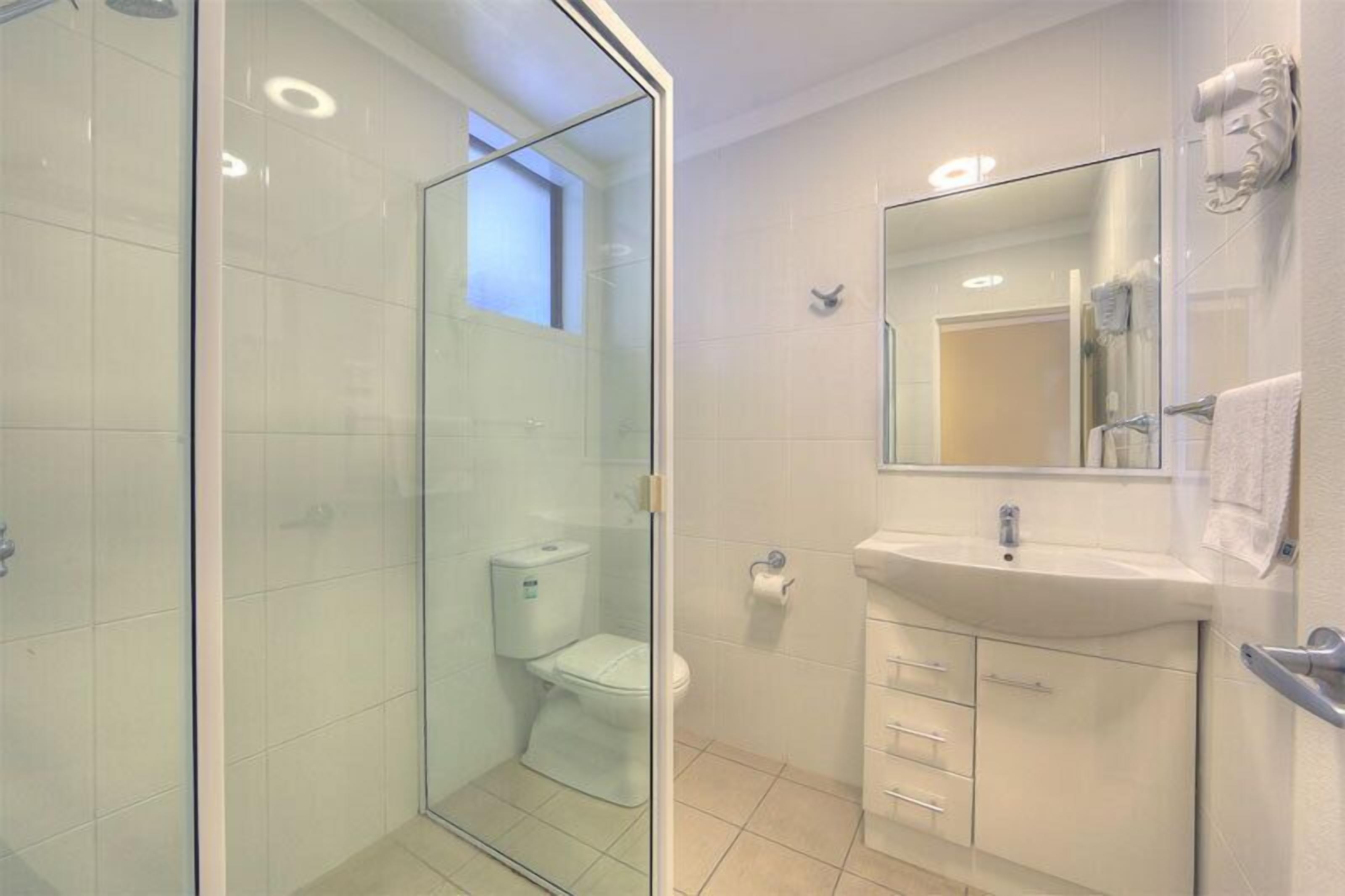 Shower, free toiletries, hair dryer, towels