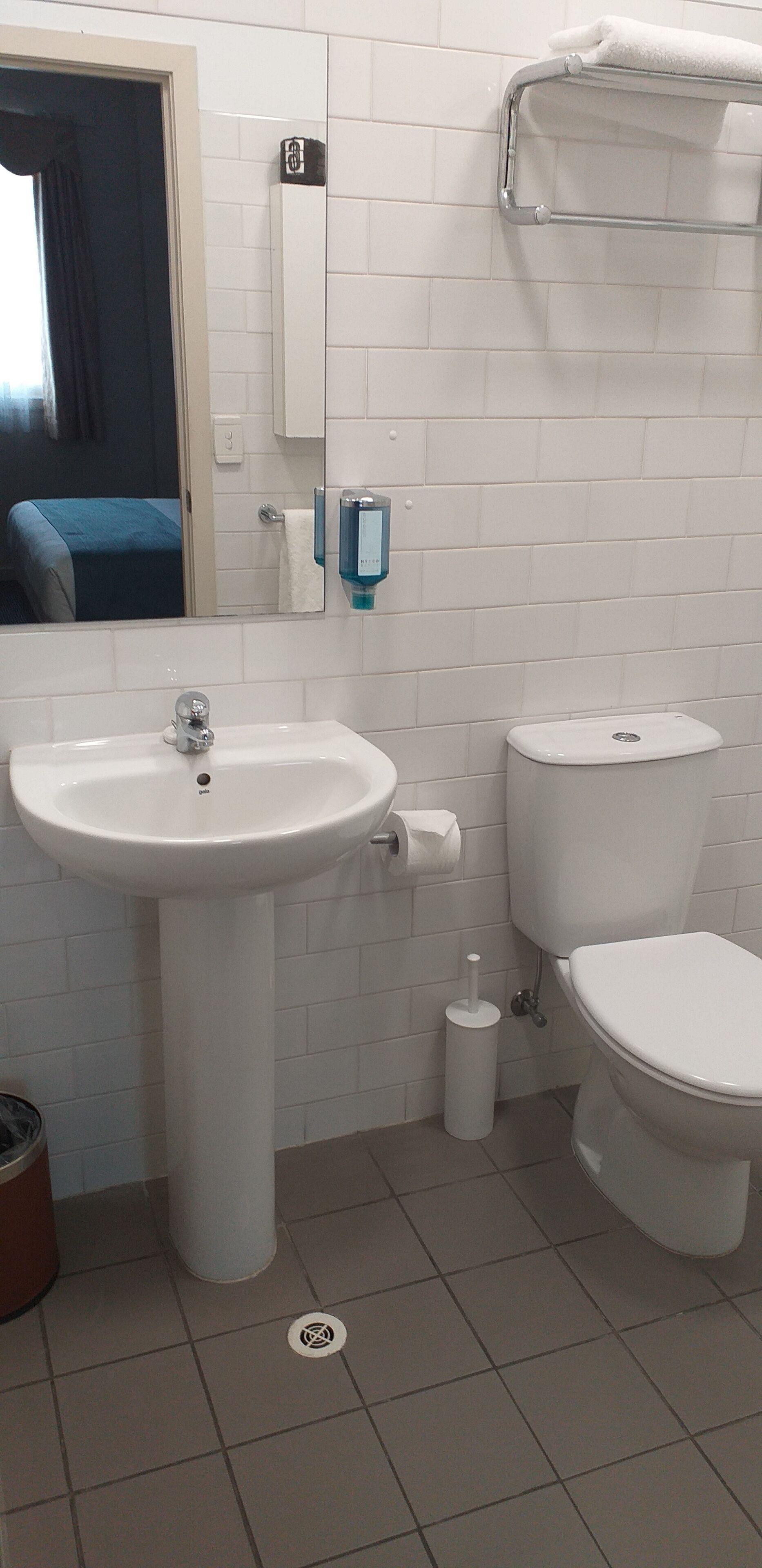 Une salle de bain avec un lavabo blanc, des toilettes et un miroir.