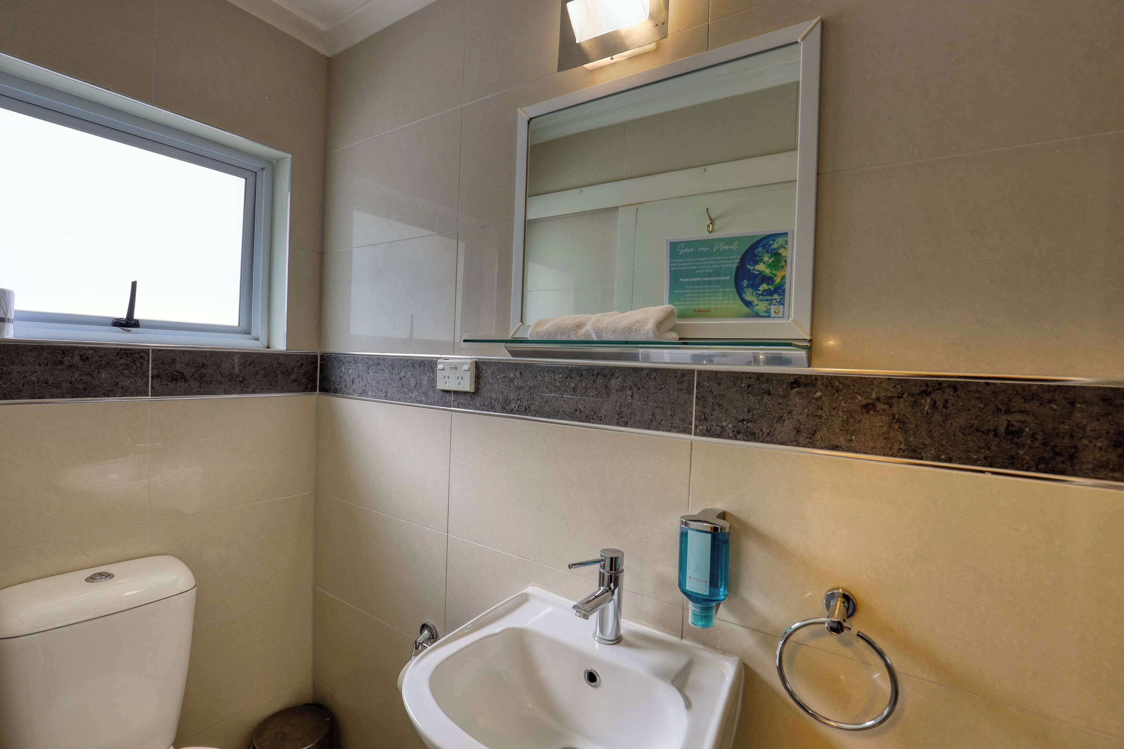 A bathroom with a toilet, sink, and a mirror with a globe.