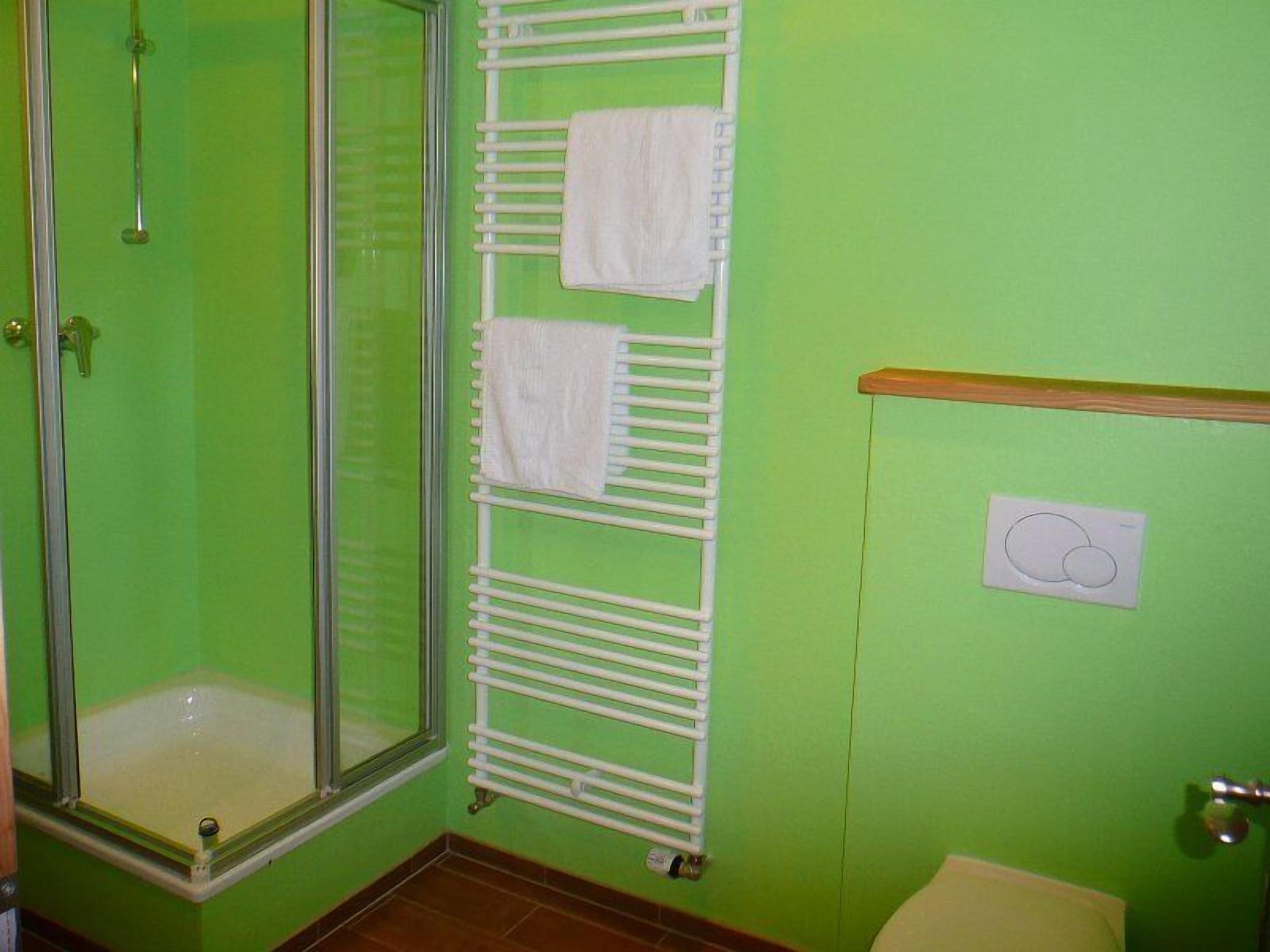 A bathroom with a green wall, a white towel rack, a shower, and a toilet.