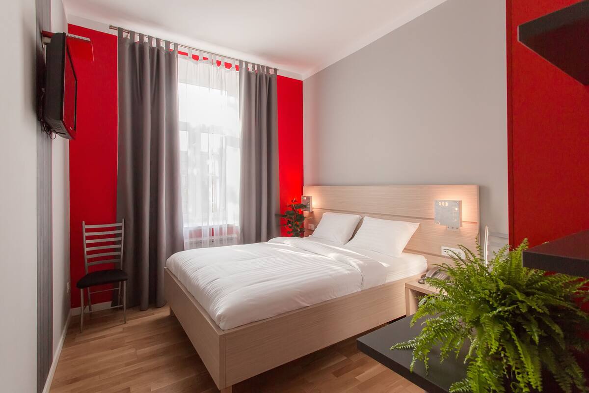 A modern hotel room with a bed, a desk, a chair, a TV, and a plant.