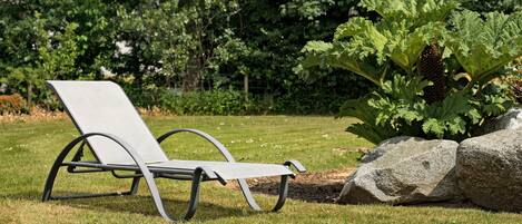 A metal chair with a mesh backrest in a grassy area with large rocks and a plant with a large seed pod.