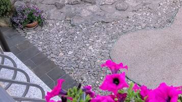 A garden with a stone pathway leading to a small pond, surrounded by various plants and flowers.