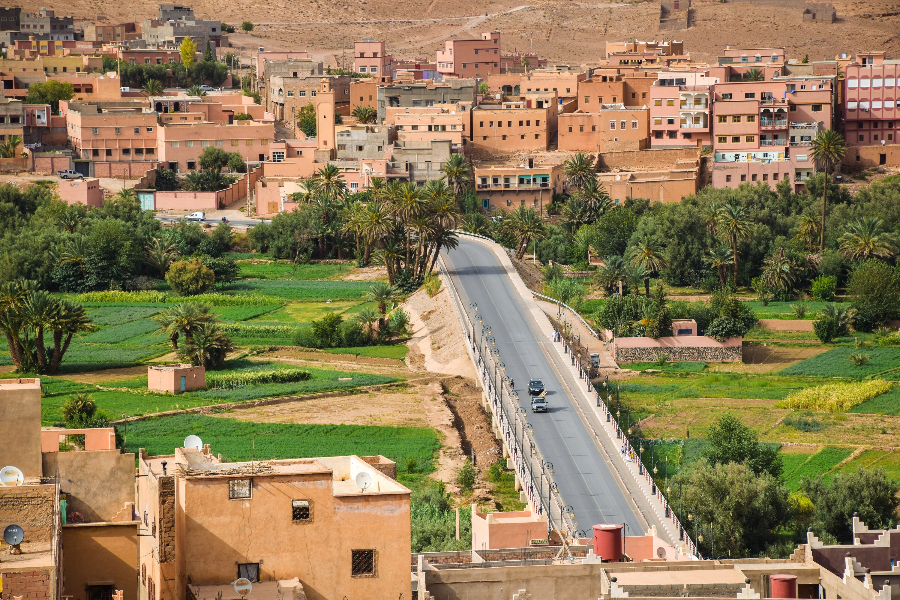 Une vue d’une ville traversée par une grande avenue, bordée de bâtiments résidentiels et d’espaces verts.