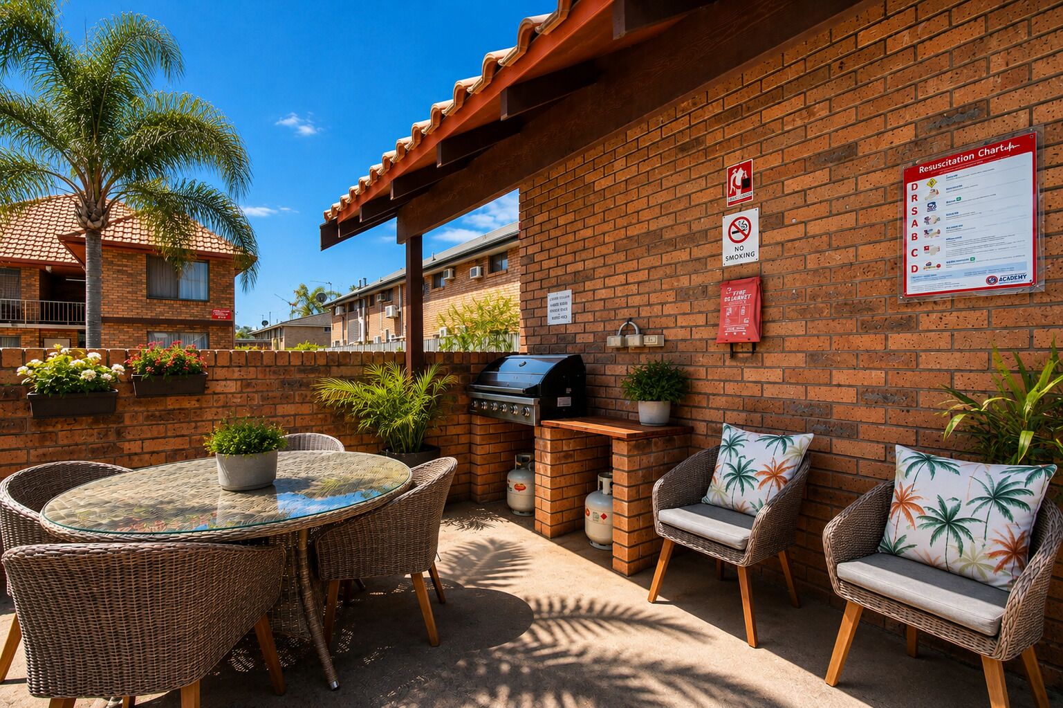 Un patio al aire libre con muro de ladrillo, una parrilla, mobiliario de mimbre y una mesa.
