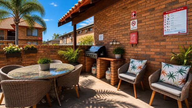 An outdoor patio with a brick wall, a grill, wicker furniture, and a table. - Royal Palms Motor Inn (Coffs Harbour)