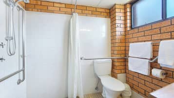 Ein Badezimmer mit Dusche, Toilette und Handtuchhalter.