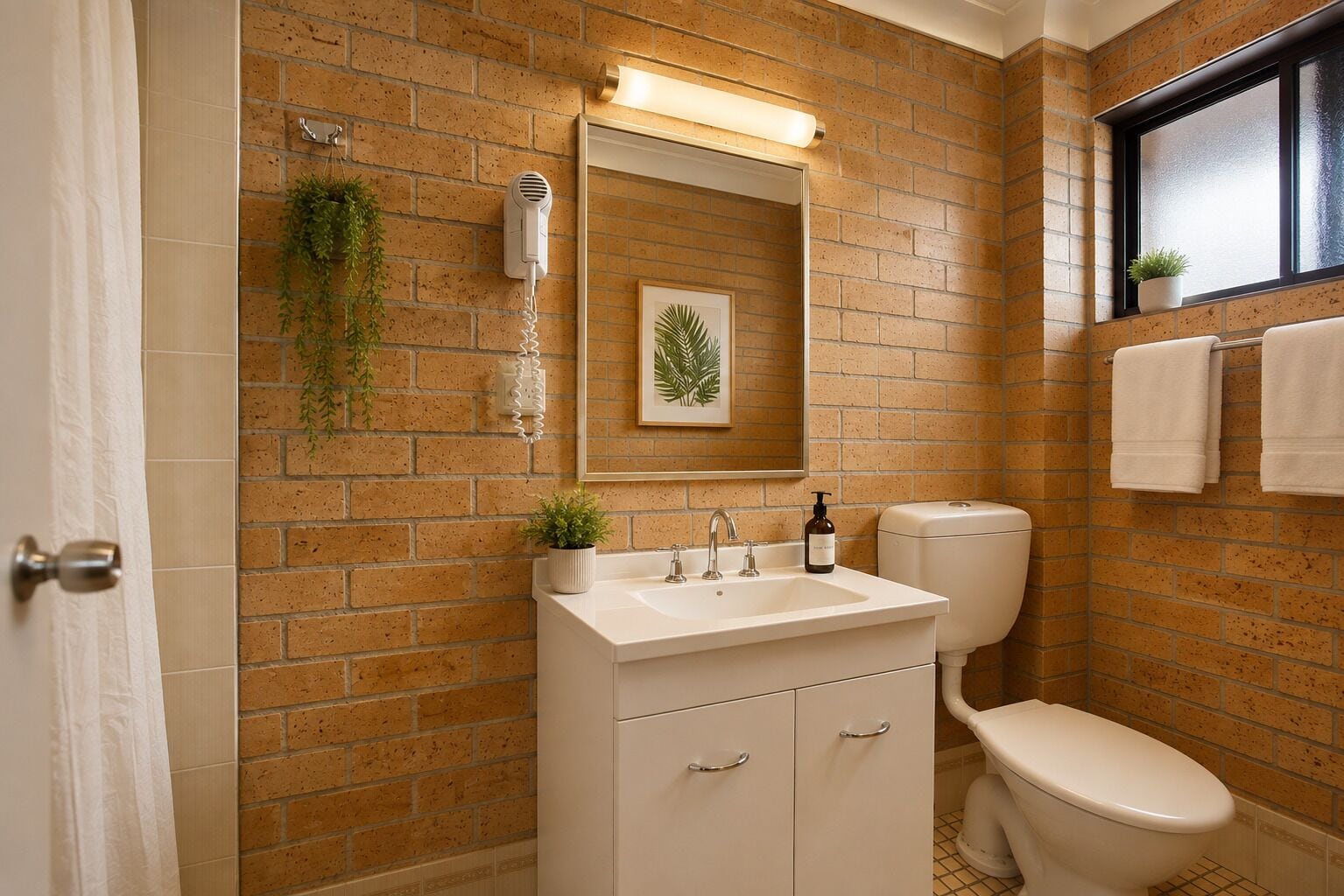 A bathroom with a brick wall, a white sink, a toilet, and a window with a towel rack.