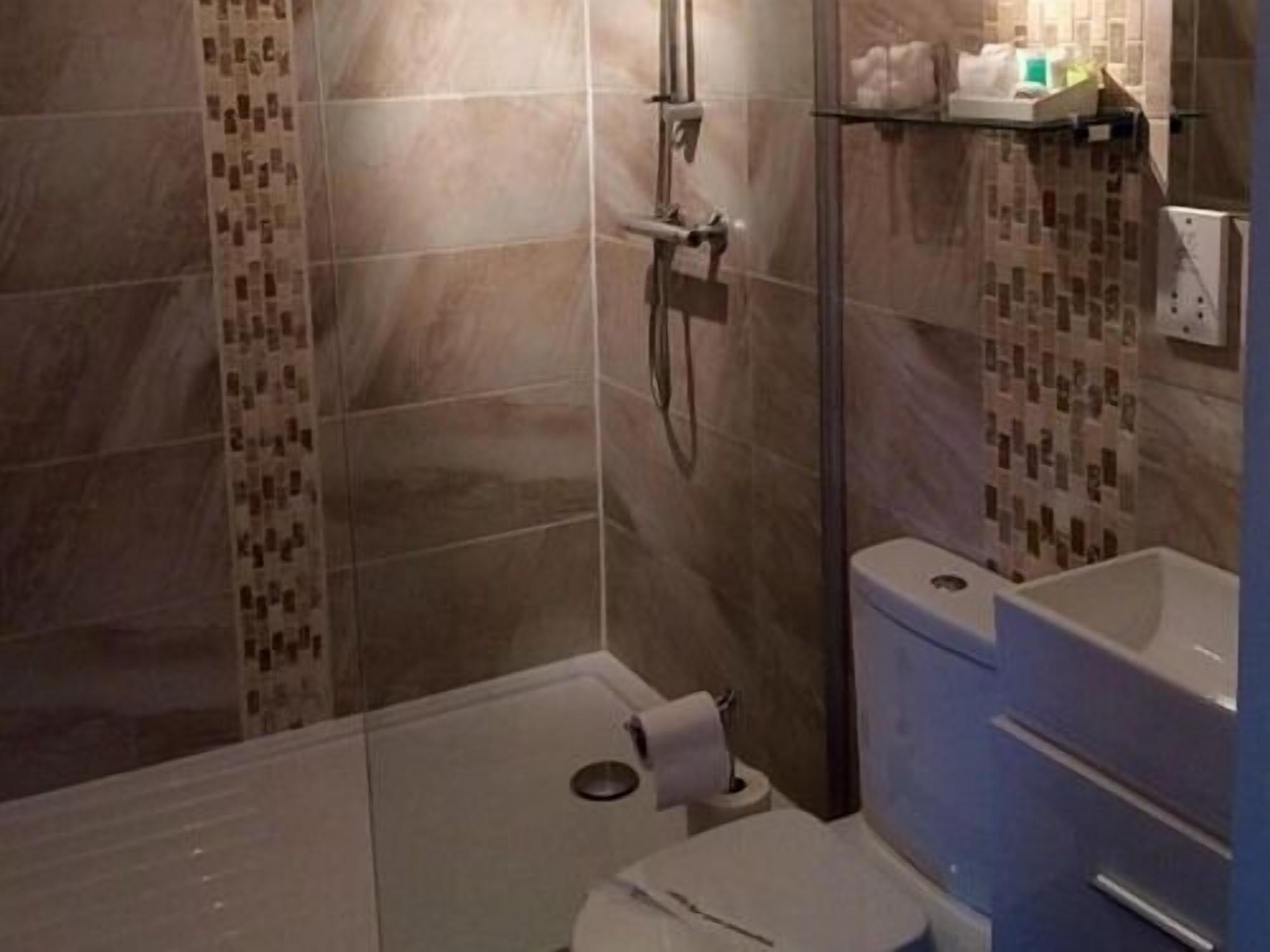 Ein Badezimmer mit Dusche, Toilette und Ablage für Pflegeprodukte.